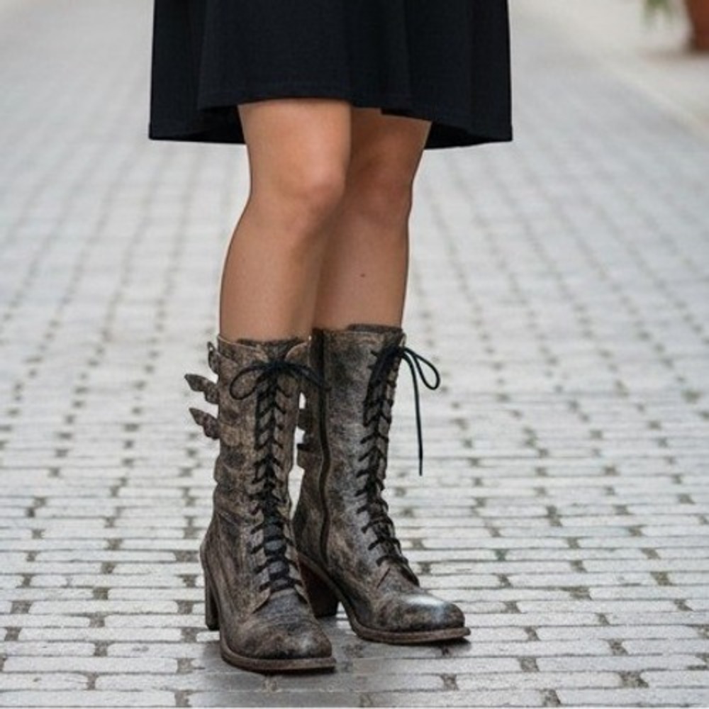Bed Stu Cobbler Series Distressed Leather Buckle Lace Up Boots 8 Grunge Moto